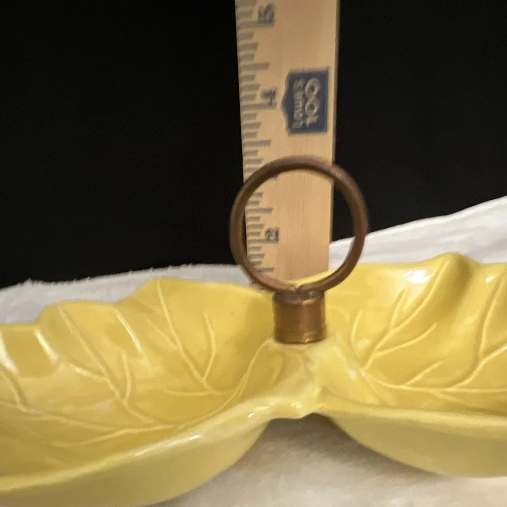 Vintage Yellow Leaf Divided Ceramic Serving Tray w/ Metal Handle USA MCM